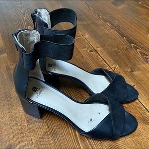 Really comfy black faux suede and leather heel sandals
